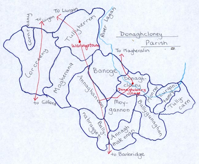 Townlands in Donaghcloney parish with main roads shown