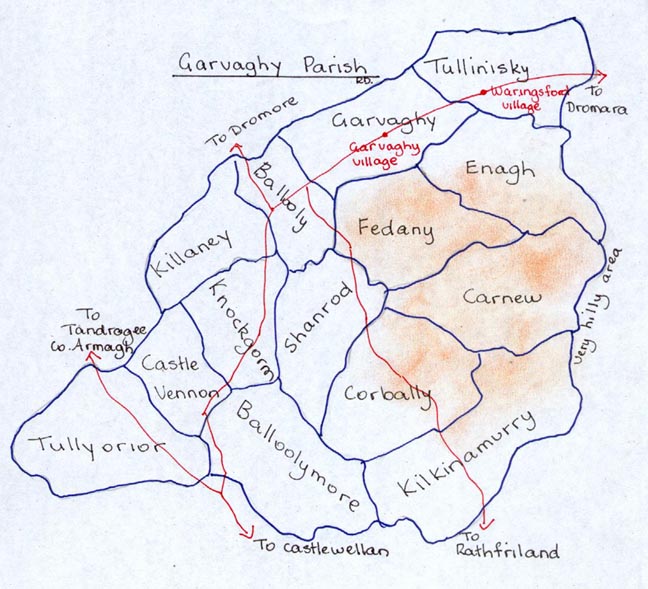 Townlands & main roads in Garvaghy Parish